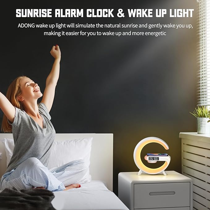 2025 New Mini LED Table Lamp, Wireless Charging Atmosphere Lamp, Bluetooth Speaker, Dimmable Night Light, Bedside Lamp, Alarm Clock for Christmas Gifts (White)