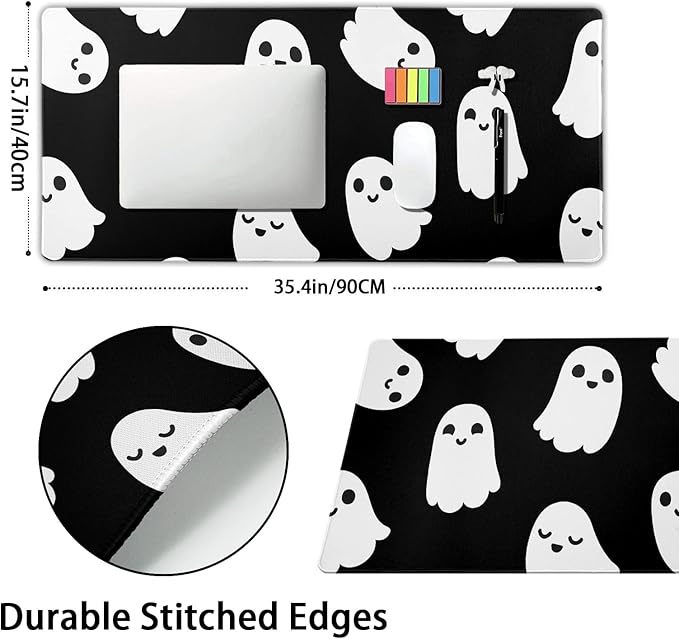 Halloween Cute Ghost Mouse Pad Kawaii Cartoon Spooky Funny Spirit Extended Desk Mat Non-Slip Rubber Base Stitched Edge Large XXL Black White Mousepad for Gaming Laptop Computer Desktop 35.4×15.7 in
