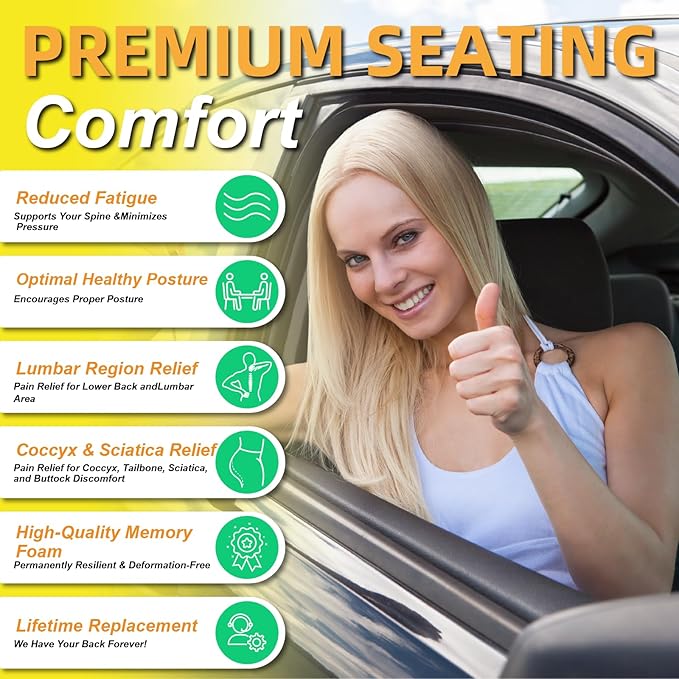 kingphenix Car Seat Cushion with Back Support Pillow: Enhanced Comfort Memory Foam Design for Pain Relief, Ideal for Drivers and Office Use - Ergonomic Lumbar Comfort for Long Sitting - Gray