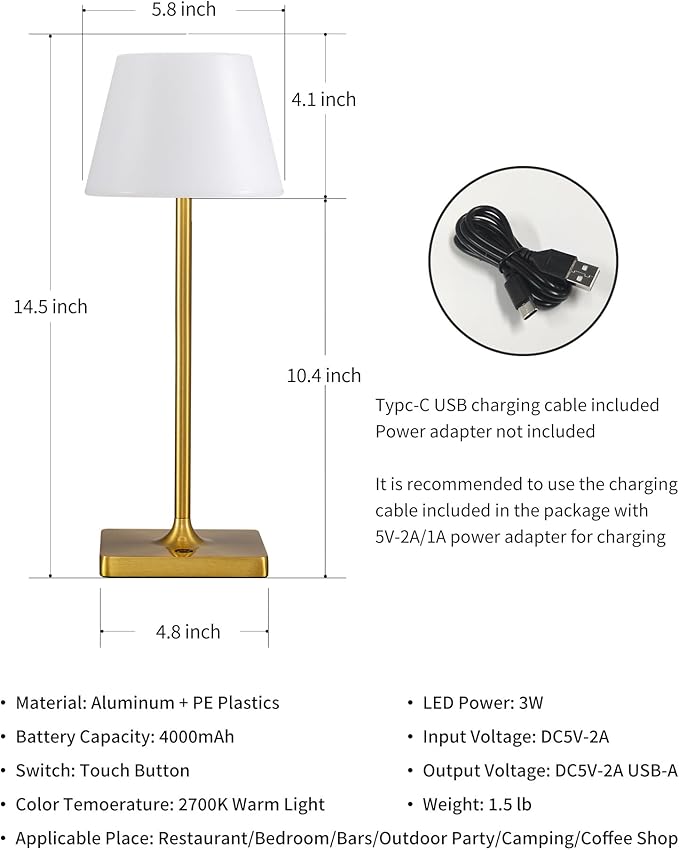 LED Cordless Table Lamp, 4000mAh Portable Rechargeable Battery Powered Dimmable Outdoor Waterproof Table Light, Touch Night Light for Bedroom, Bathroom, Restaurant, Garden 14.5"