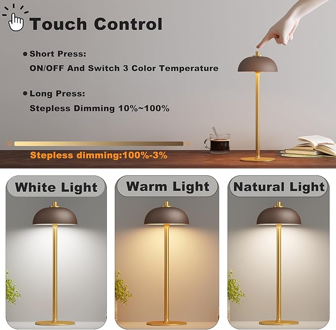 Rechargeable Cordless Table Lamp - 5000mAh Battery Powered Lamp, 3 Color Modes Stepless Dimming LED Table Light with Memory Function for Indoor, Outdoor, Dinner, Patio, Cafe.(Brown)