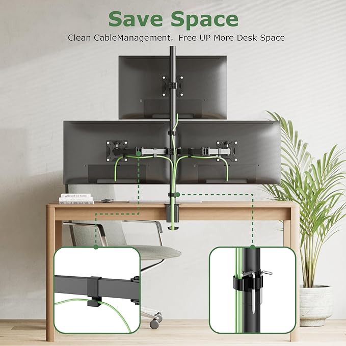 3 Monitor Desk Mount for 17 to 32 inch Screens, Fully Adjustable Triple Monitor Stand with Tilt,Swivel,Rotate, Each Arm Holds up 17.6 lbs,VESA Mount 75x75/100x100mm, Clamp & Grommet Kit