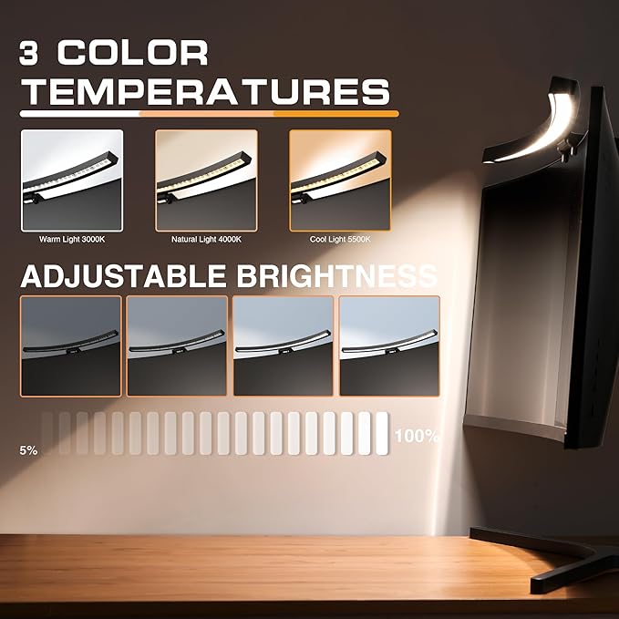 Curved Monitor Light Bar with RGB Backlight, 3 Color Temperature and Stepless Dimming, Music Sync LED Screen Strip with Touch Control Buttons for Computer Screens