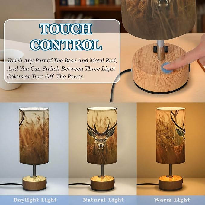 Touch Control Bedside Lamp with USB Ports, 3 Way Dimmable Table Lamp with Linen Shade, Modern Nightstand Lamp for Bedroom, Living Room, Office (Antler Deer)