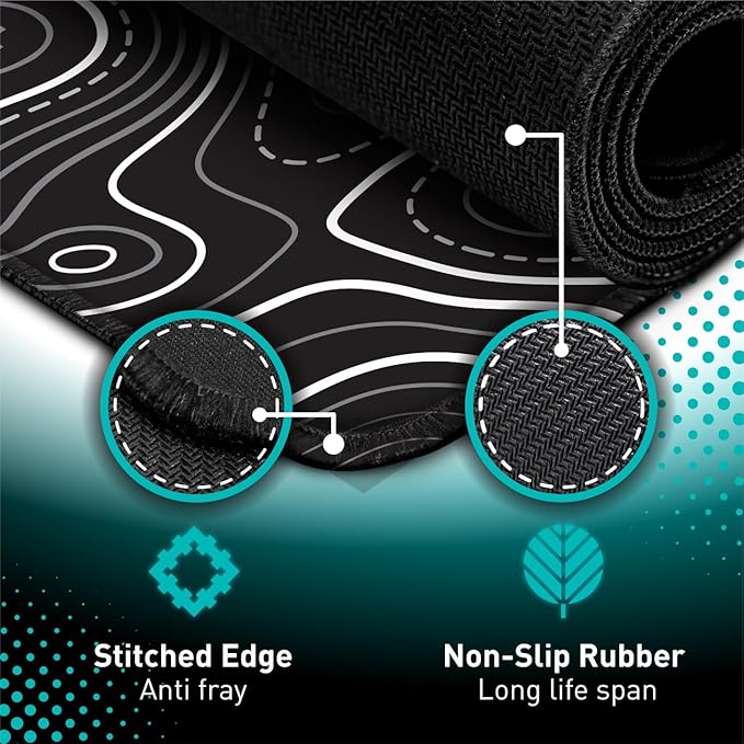 Minimalist Topographic Map Mouse Pad - Contour Extended Large Stitch Edge Mousepad. Black & White Non-Slip XXL Gaming Desk Mat
