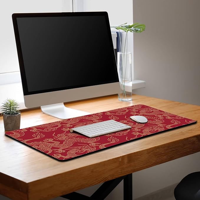 Keyboard Pad Red, Gaming Mousepad Desk Pad Big Mouse Pads Desk Decor for Men, 900X400 Mouse Pad Waterproof Non-Slip Rubber Base, 35.4 X 15.7 inch for Work/Game/Office/Home Chinese Dragon
