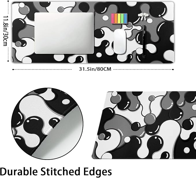 aportt Black White Grey Mouse Pad XL Anime Cool Geometric Japanese Extended Desk Mat 80X30cm Non-Slip Rubber Base Stitched Edge Large Mousepad for Desk Gaming Laptop Desktop,31.5×11.8 Inch