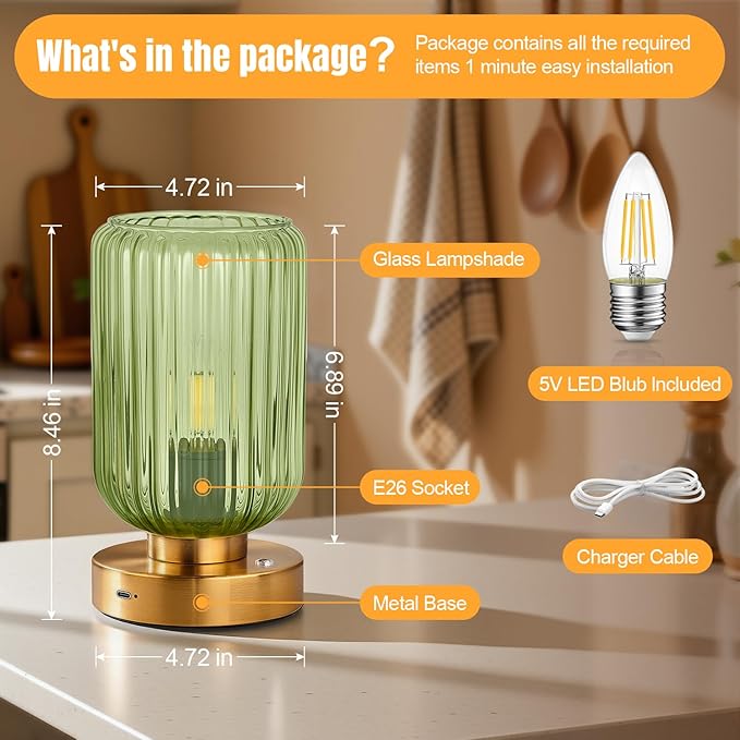 Cordless Table Lamp for Bedroom, 7500mAh Rechargeable Battery Operated Lamp, Modern Touch Dimmable Wireless Lamp Gold Base Green Glass Shade for Living Room, Desk, Led Bulb Included