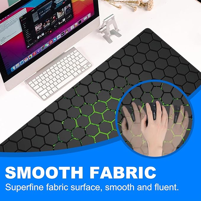 Desk Pad, Green Honeycomb Science Technology Extended Gaming Mouse Pad Large, 31.5"x11.8" Big Mouse Pad with Non-Slip Base and Stitched Edge, Long Computer Keyboard Mouse Mat for Home Office Work
