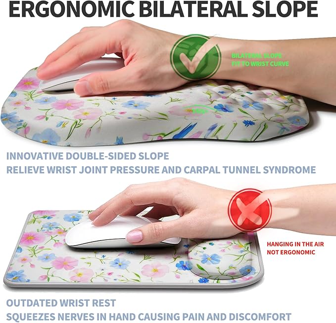 Ergonomic Raised Mouse Pad Wrist Support with Bilateral Slope Memory Foam Mousepad for Wrist Rest and Carpal Tunnel 11.8x7.9〃 Little Flower
