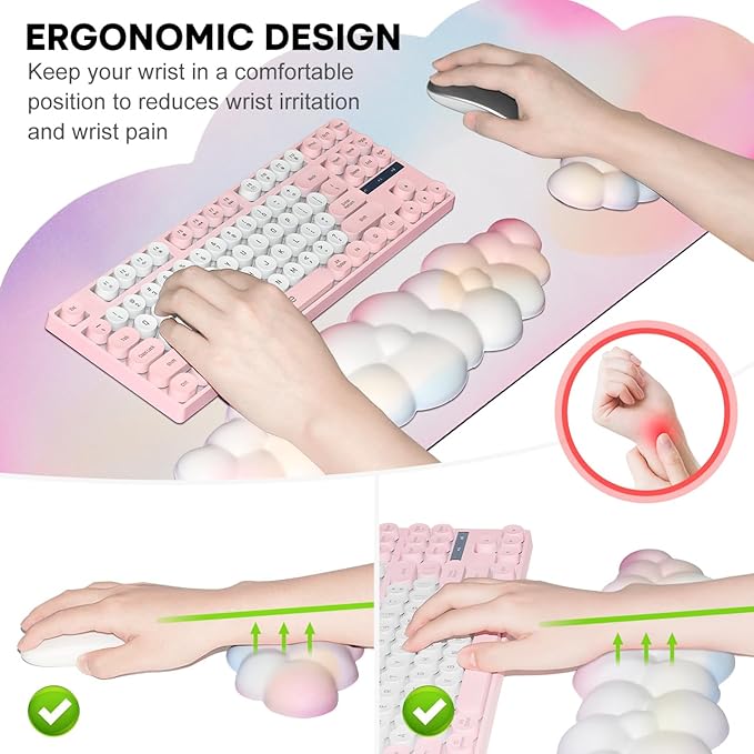 JIKIOU Large Cloud Mouse Pad Waterproof with Cloud Keyboard Wrist Pad and Cloud Mouse Wrist Pad Set, Ergonomic Computer Desk Wrist Support Mousepad for Keyboard and Mouse 35.4x15.7in Rainbow