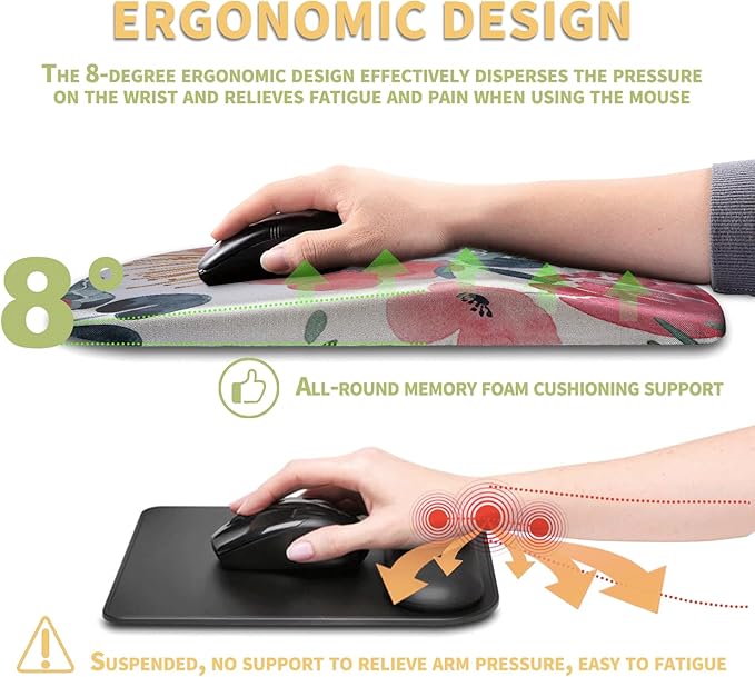 Ergonomic Mouse Pad with Wrist Rest Support, Massage Design Mouse pad Relief Carpal Tunnel Pain, Entire Memory Foam Non-Slip Mouse Pad, Computer Mouse Pads for Wireless Mouse Pad, Beautiful Flowers