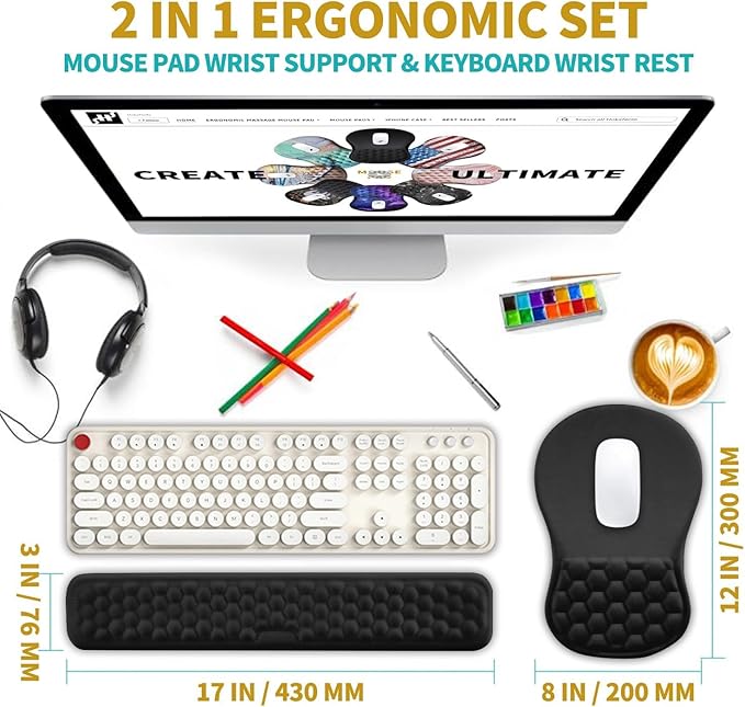 Hokafenle 2 in 1 Ergonomic Mouse Pad Wrist Support & Wrist Rest for Computer Keyboard Set, with Memory Gel Massage Bulge Design (2In1 Set, Black)