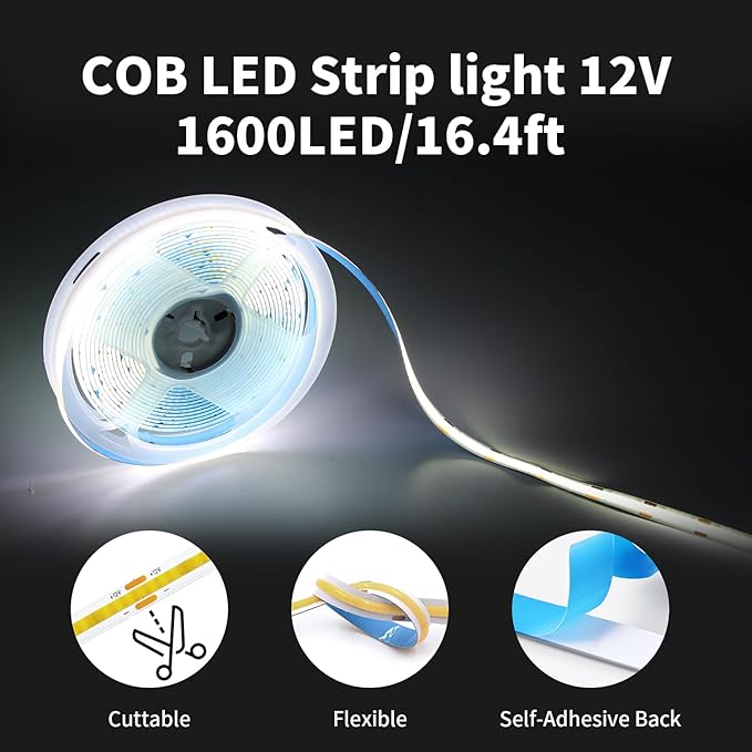 16.4FT/5M COB LED Strip Lights, Cold White 6500K Cuttable LED Tape Lights, 1600 LEDs High Bright CRI 93+ Flexible Self Adhesive Lights Strip for Bedroom, Mirror, Indoor Decor (No Plug)