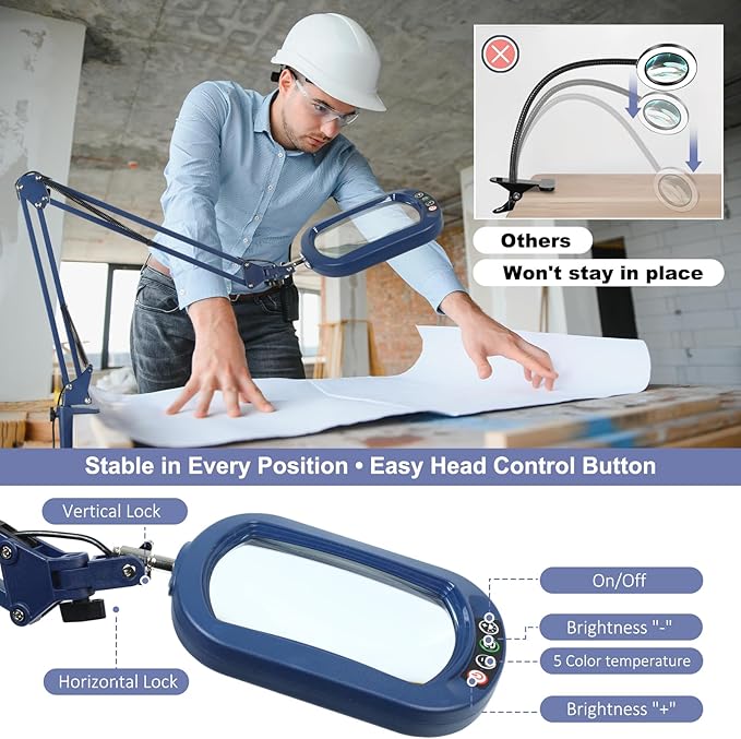 10X Large Magnifying Glass with Light and Clamp, Real Glass, 5 Color Modes, Stepless Dimmable, Lighted Magnifier with Stand Hands Free, LED Swing Arm Desk Lamp for Close Work, Craft, Reading - Blue