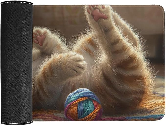 Large Ergonomic Gaming Mouse Pad Curious Kitten Playtime - Cute Cat Theme with Non-Slip Base Water-Resistant Surface and Stitched Edges 30x60cm