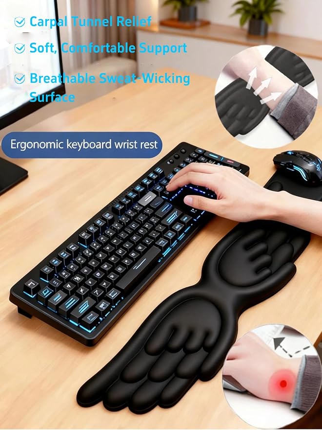 Angel Wing Wrist Rest Ergonomic Memory Foam Wrist Rest for Computer Keyboard Mouse Set, Cute Gaming Keyboard Cushion Hand Support PU Leather Surface Anti-Slip Waterproof Dirt Resistant