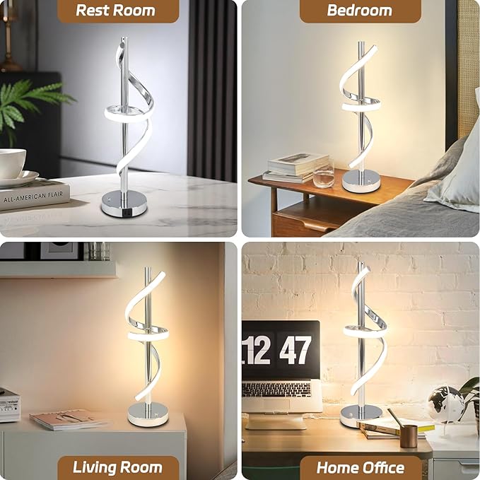 LED Modern Table Lamp, Spiral LED Table Lamp, Dimmable, 3 Colors Touch Control, Silver Unique Cool Lamps for Home Decor, Modern Nightstand Lamp with USB/Type C for Bedroom Living Room