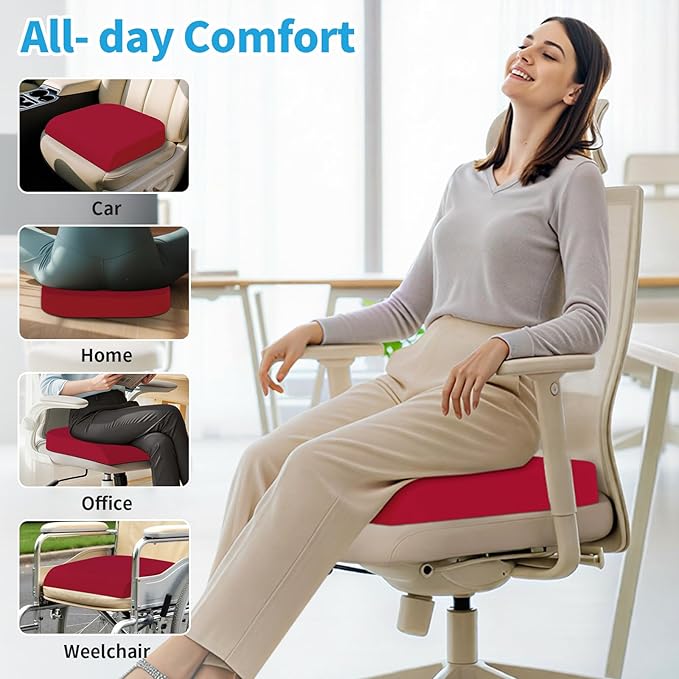 Large Seat Cushion, Memory Foam Cushion for Long Sitting Hours on Office Chair, Home & Car, Non-Slip Chair Pad for Relieving Back & Sciatica & Hip & Coccyx Pain (Red)