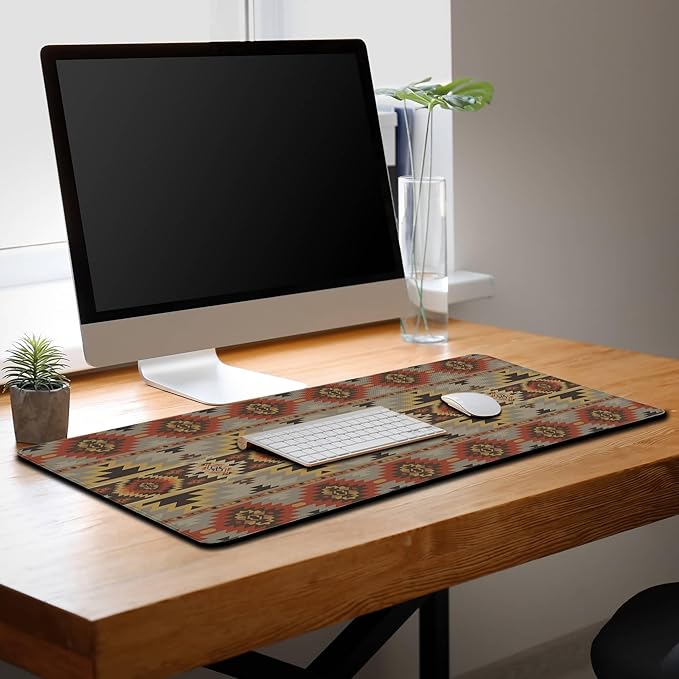 Gaming Mouse Pads Geometric Large Desk Pad Keyboard Pad Mousepad XXL Non-Slip Rubber Base Waterproof with Stitched Edges 35.4" X 15.7" for Game Office, American Navajo Style Aztec