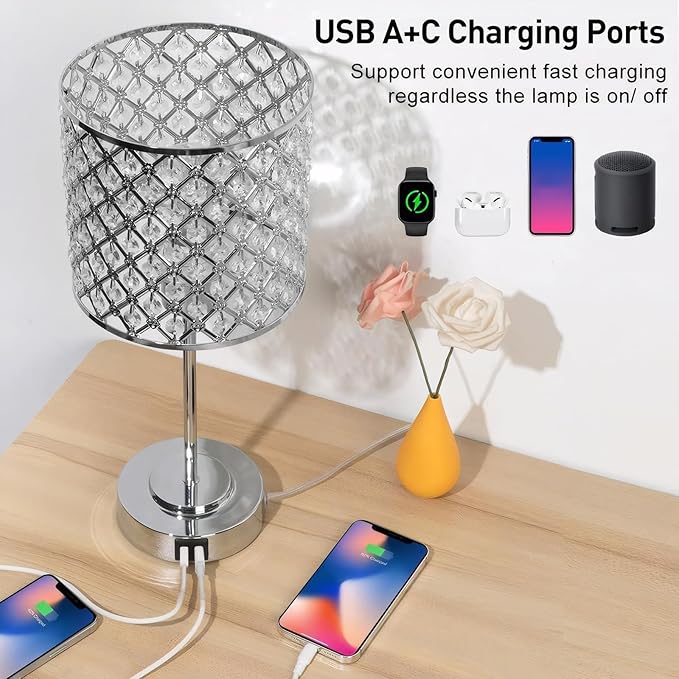 GyroVu Crystal Table Lamp for Bedroom Living Room, Touch Control Bedside Lamp with USB C+A Ports - Dimmable Nightstand Lamp Modern Light, Bulb Included
