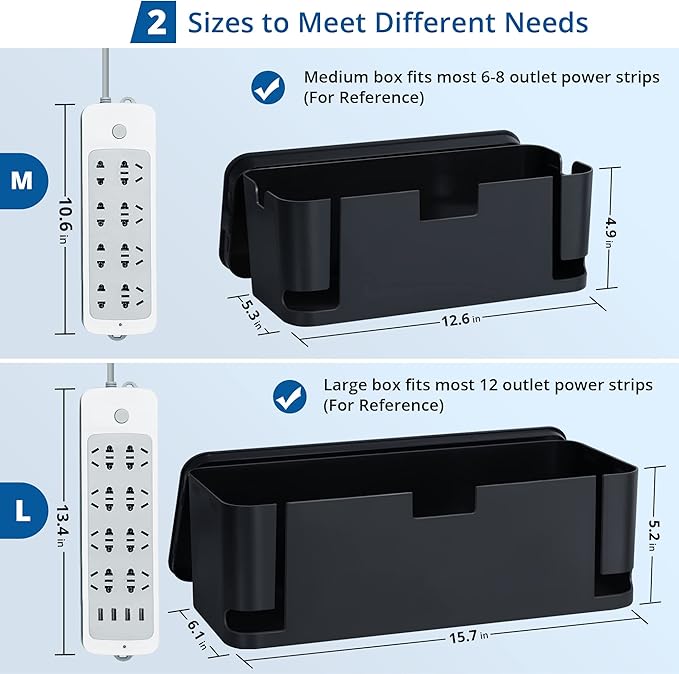 ZhiYo Cable Management Box Black, 2Pack Cord Organizer Box - Extra Large and Medium Size, Cord Hider Box to Conceal Power Strips on Desk or Floor, Made from Electrically Safe ABS Material