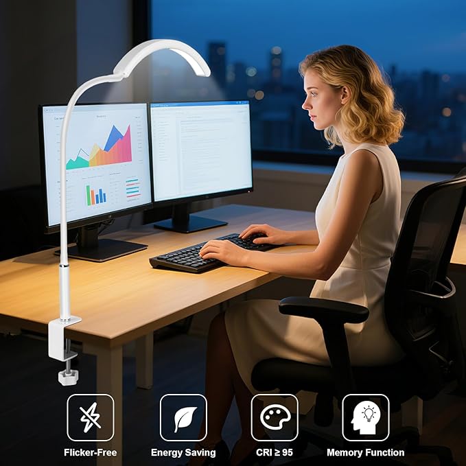 Professional Half Moon LED Desk Light for Nail Techs & Artists – Flexible Gooseneck Lamp with Clamp, 3 Color Modes & 5 Brightness Levels for Manicure, Tattoo, Beauty Work (White)