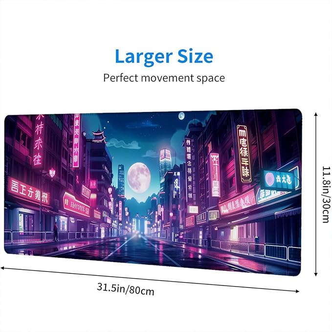Tokyo Anime City Gaming Mouse Pad Cyberpunk Neon Streets Large Gaming Mouse Mat with Stitched Edges,Non-Slip Waterproof Rubber Base Mous Mat 31.5"x11.8" Office Computer Keyboard Laptop Home