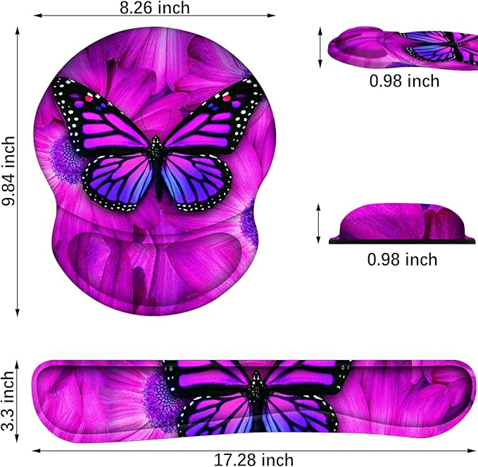 ARTSO Ergonomic Mouse Pad with Wrist Rest, Comfortable Keyboard Wrist Rest, Memory Foam Mousepad for Computer Keyboard, Mouse Pad Set for Easy Typing & Comfort, Purple Butterfly