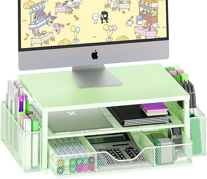 OPNICE Desk Organizers and Accessories, 2-Tier Computer Monitor Stand Riser with Drawer and 2 Pen Holders, Laptop Stand, Office Desk Accessories for Office Supplies, Green