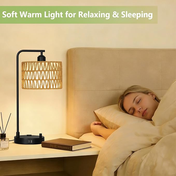 Dimmable Rattan Lamp Set of 2 with Bulbs, Boho Table Lamps with USB Charging Ports and Outlet, Wicker Bedside Lamps for Bedroom Living Room Side Table, Tall Desk Lamp for Bohemian Home Office