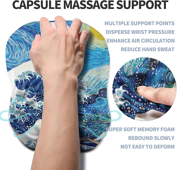 Ergonomic Raised Mouse Pad Wrist Support with Bilateral Slope Memory Foam Mousepad for Wrist Rest and Carpal Tunnel 11.8x7.9〃Starry Night Waves