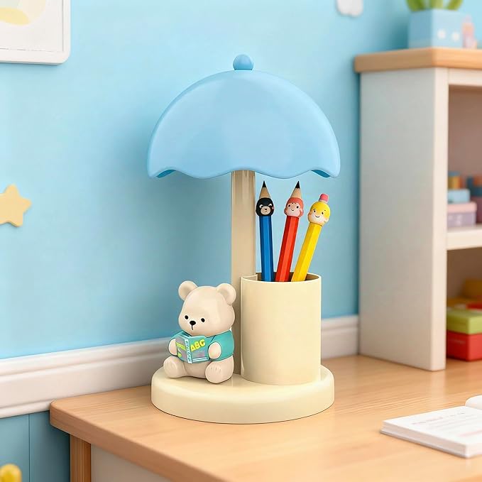 Cute Bear Desk Lamp with Pen Holder, 2-in-1 Kids Table Lamp Organizer, LED Bedside Lamp with USB Charging Port for Bedroom Study Room, 500 mAh, Rechargeable Lighting Decor for Boys Girls