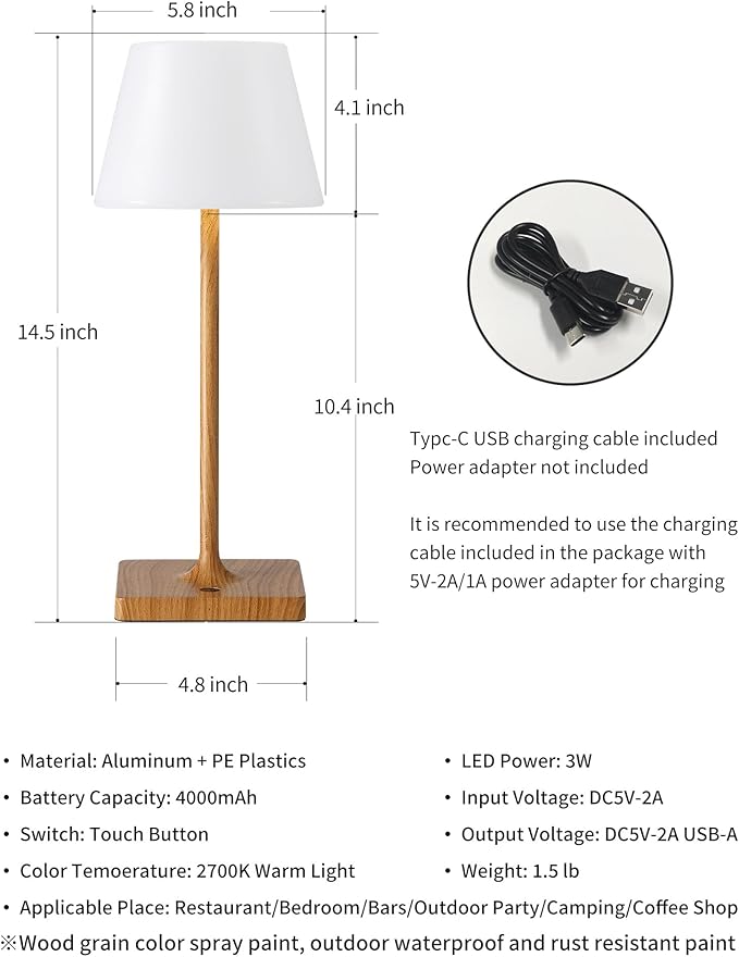 LED Cordless Table Lamp, 4000mAh Portable Rechargeable Battery Powered Dimmable Outdoor Waterproof Table Light, Touch Night Light for Bedroom, Bathroom, Restaurant, Garden 14.5"