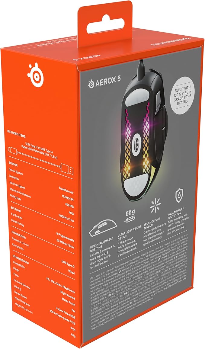 SteelSeries Aerox 5 - Holey RGB Gaming Mouse - Ultra-lightweight Water Resistant Design - 18K DPI TrueMove Air Optical Sensor