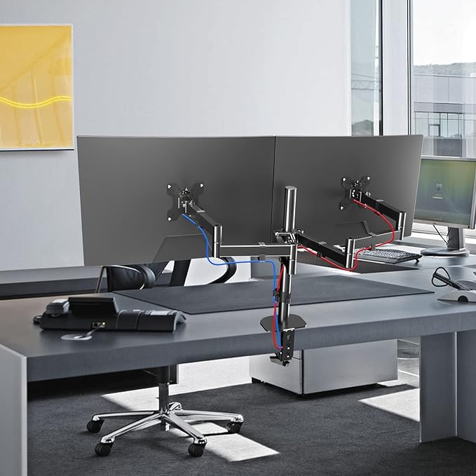 Pholiten Dual Monitor Stand for 13-32inch Screen,Extra Long Monitor Arm Desk Mount,Fully Adjustable 27.95 inch Monitor Arm,Each Arm up to 22lbs