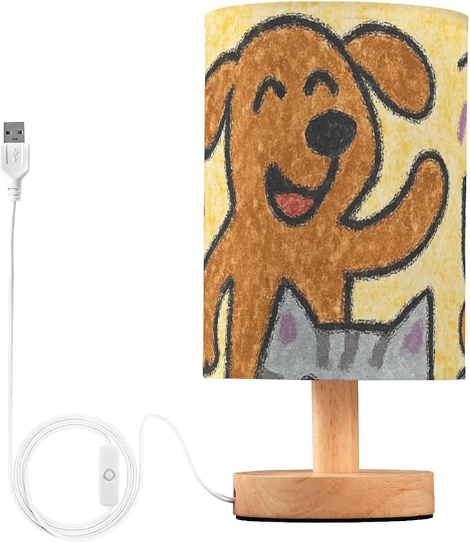Happy Cat and Dog LED Table Lamp, Bedside Lamp with Linen Lampshade, Flicker-Free Eye Care USB Plug in Nightstand Lamp, for Bedroom and Office