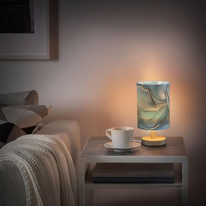 Blue LED Table Lamp, Bedside Lamp with Linen Lampshade, Flicker-Free Eye Care USB Plug in Nightstand Lamp, for Bedroom and Office