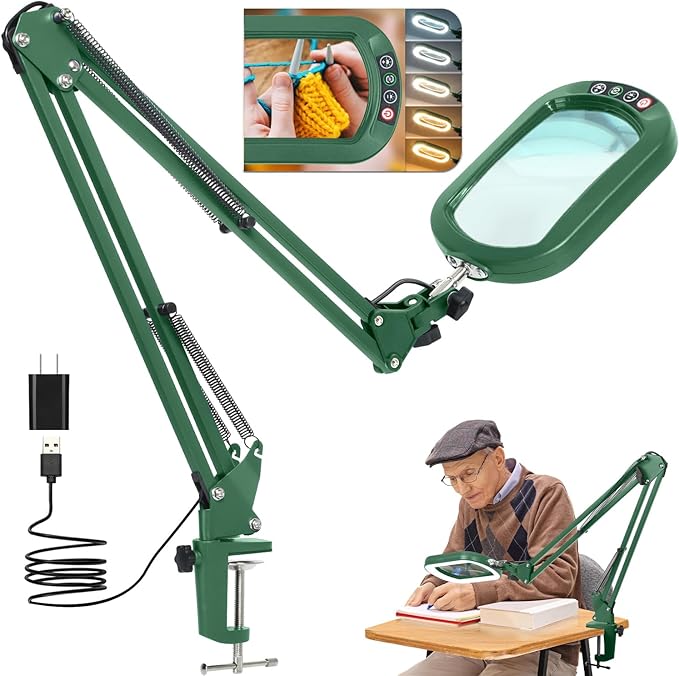 10X Large Magnifying Glass with Light and Clamp, Real Glass, 5 Color Modes, Stepless Dimmable, Lighted Magnifier with Stand Hands Free, LED Swing Arm Desk Lamp for Close Work, Craft, Painting - Green