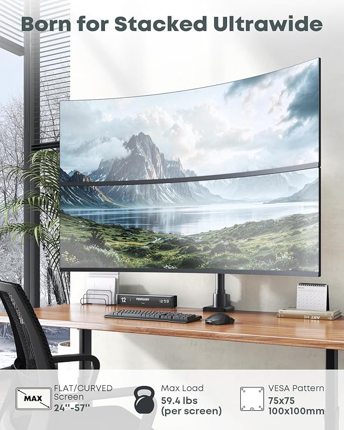Dual Monitor-Arm Ultrawide Heavy Duty - 24-57 inch Vertical Dual Monitor Mount, Adjustable Stacked Double Monitor Desk Mount Stand, Max Load 59.4 lbs (per Screen), VESA 75 100 mm, Black