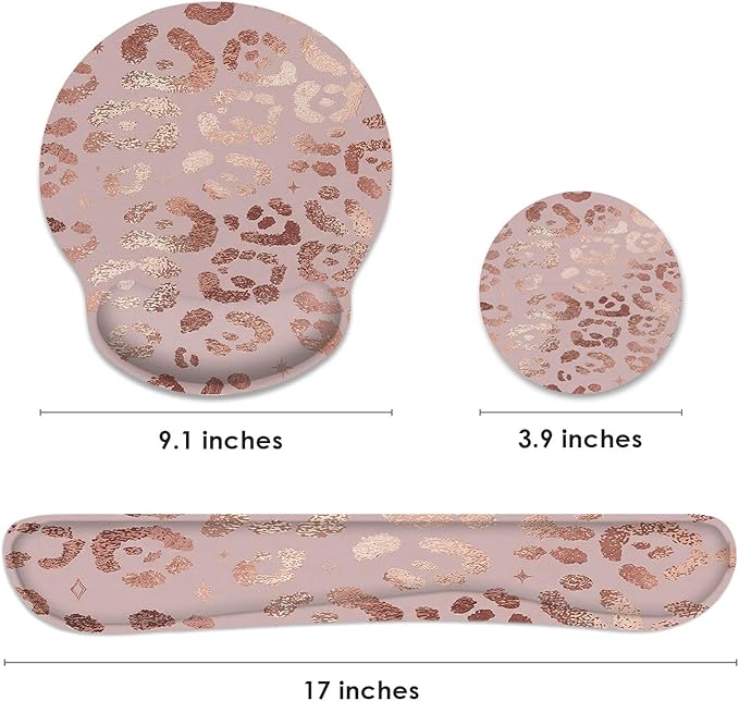 Britimes Leopard Rose Gold Pink Ergonomic Mouse Pad Set with Wrist Rest Non-Slip Rubber Base Wrist Cushion Support and Coasters Mousepad with Wrist Support for Computer Keyboard and Desk