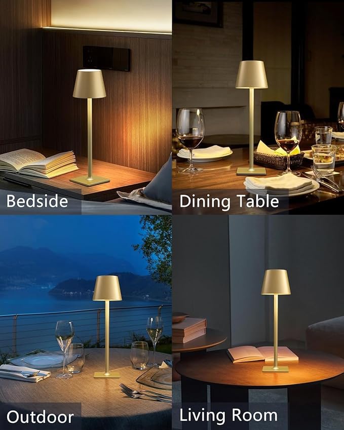 Cordless Table Lamp, 6000mAh Battery Operated, 250LM Adjustable Brightness IP65 Height Adjustable - Set of 2 Gold Wireless Lamps for Restaurant Patio Bedside Outdoor Cafe & Home Decor