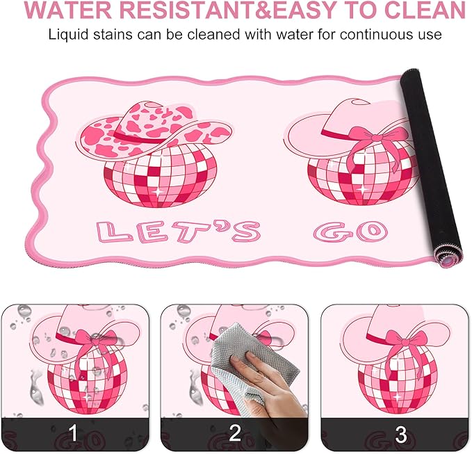 L-SPOUTTO Pink Mouse Pad,Retro Western Cowgirl Desk Mat Large Scalloped Gaming Mousepad,35.4x15.7in Non-Slip Rubber Base Keyboard Pad Waterproof Desktop Mat for Laptop Computer Game Office-Cowgirl