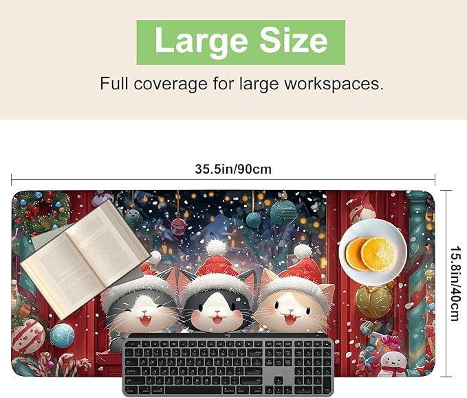 Desk Mat, XXL Extended Gaming Pad for Desktop, 35x16 Inches Cats in Santa Hats at Window, Large Non-Slip Vegan Leather Keyboard Mouse Mat for Home Office