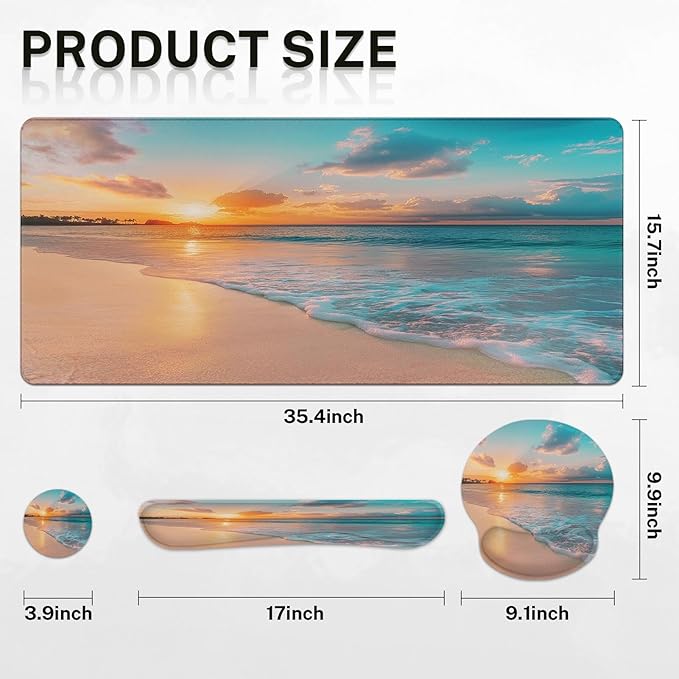 Arttown Summer Ocean Sun Desk Mat Sand Beach Mouse Pad Set 4 in 1 Cloud Sea Wave Ergonomic Design Large Desk Pad + Keyboard Wrist Rest + Mouse Wrist Rest + Coaster Suitable for Home Office Study Game