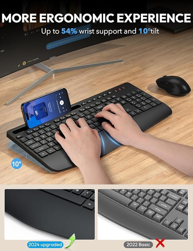Wireless Keyboard and Mouse Combo - Full Size Ergonomic Wrist Rest, Silent Typing, Phone Holder, 2.4 GHz, 3 Level DPI, KM23D Set Compatible with PC, Laptop, Windows, macOS -SABLUTE