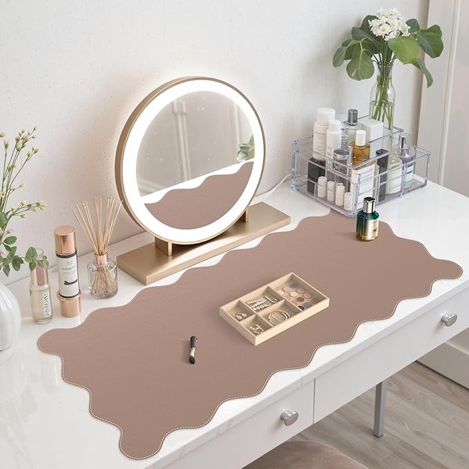 iCasso Leather Desk Pad,Extra Large Mouse Pad for Laptop,Waterproof PU Nail Table Mat,Cute Scalloped Keyboard Mats for Women Girl,Non-Slip Desk Cover Mat for Office Home School