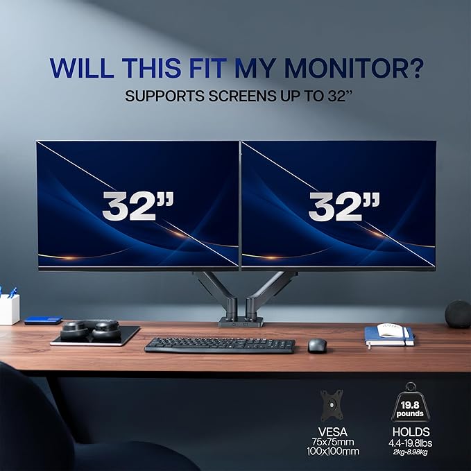 VIVO Dual Monitor Stand, Fully Adjustable Arms for 17 to 32 inch Screens, Mechanical Articulating Desk Mount, Gaming and Office Setups, VESA 75x75, 100x100, Max 19.8 lbs, Classic, Black, STAND-V002O