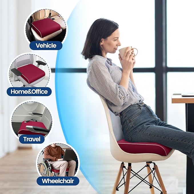 Seat Cushion for Coccyx & Lumbar Support, Office Chair Cushion, Memory Foam Large Chair Cushion with Non-Slip Cover for Soft Ergonomic Support at Office Chair, Car Seat, Airplane, Red/X-Large