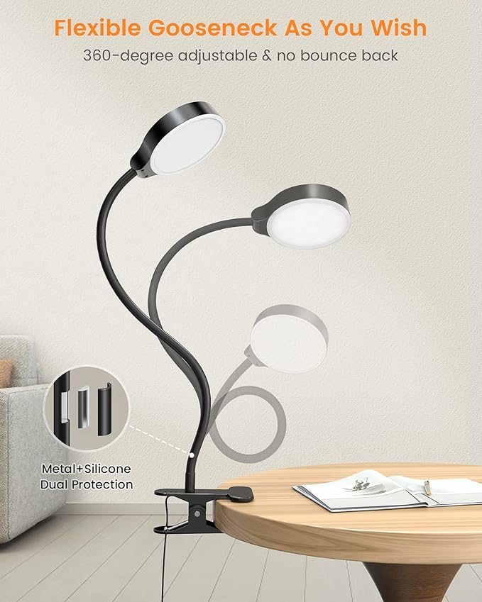 Glocusent 5W Clip on Light, 36LED Eye Caring Reading Light for Bed, 3 Colors & 5 Brightness Clip on Lamp with Adapter, Perfect Reading Light for Bed with Clamp/Bunk Bed/Headboard/Table/Desk
